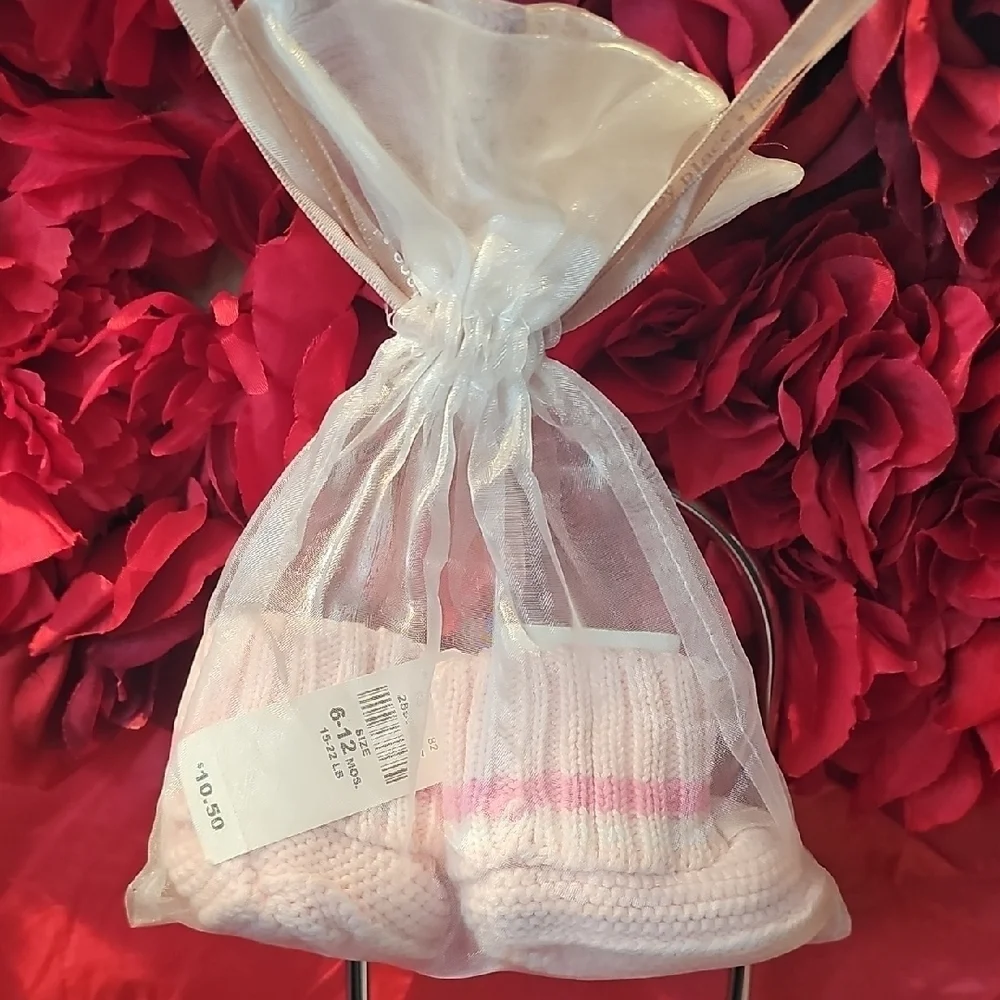 Baby Place Pink Baby Sweater Socks in Sheer Gift Bag Size 6-12 Months